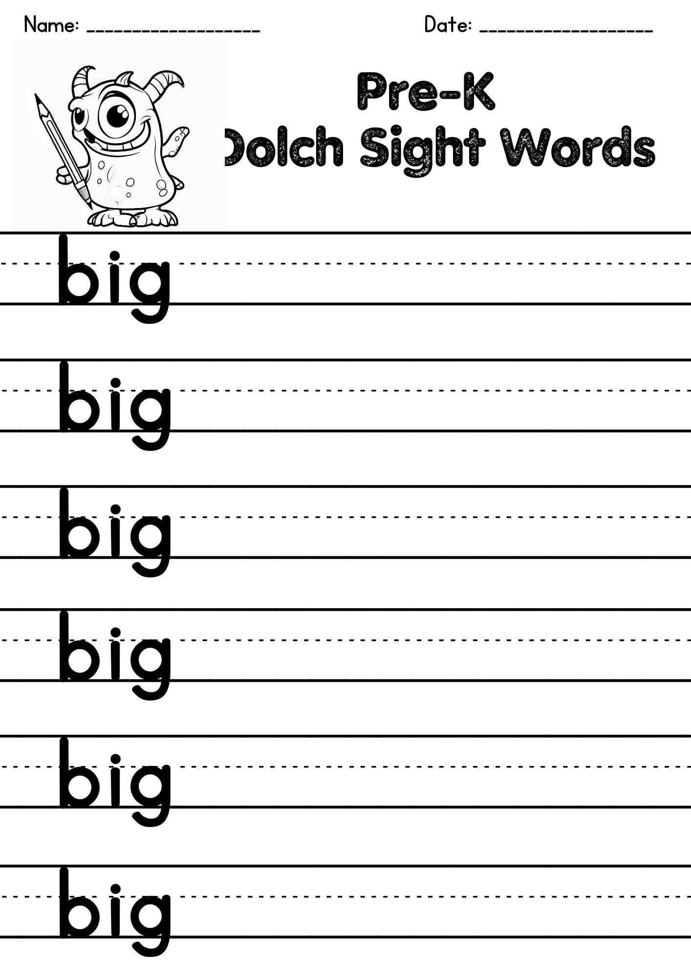 "big" Dolch Sight Word Tracing Page – Free PDF Download